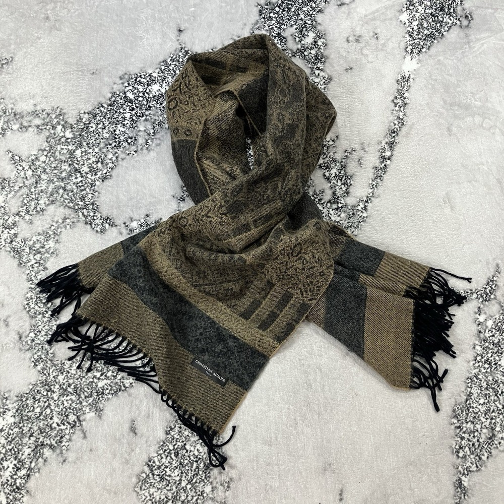 Christian Aujard Paris Brown Olive Woven‎ Fringe Scarf Unisex Designer